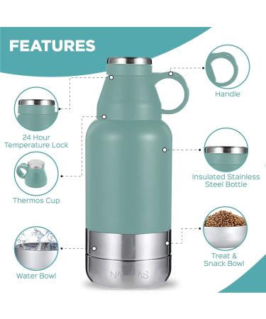 NALALAS 3-in-1 Portable Dog Water Bottle - Large 32oz Insulated Travel Bottle with Dog Water and Food Bowls - Teal - Buy Online on GoSupps.com