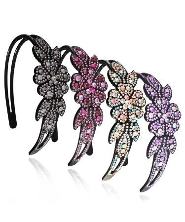 4 Piece Flower Rhinestone Headband Set for Women and Girls - Crystal Beaded Hairbands in Gray Purple - Non-Slip Double Row Design - Buy Online on GoSupps.com