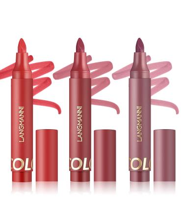 LANGMANNI Lip Stain Moisturizing and Waterproof Formula Luscious Satin Finish Long-Lasting All Day Wear Smudge Proof Natural Look Precise Doe-Foot Applicator (#01+#02+#03)