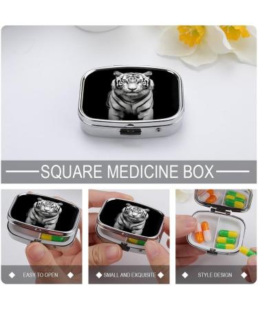 Black and White Tiger Print Pill Box - 2 Compartment Portable Medicine Organizer | Decorative Metal Pill Case for Pocket or Purse - Buy Online on GoSupps.com