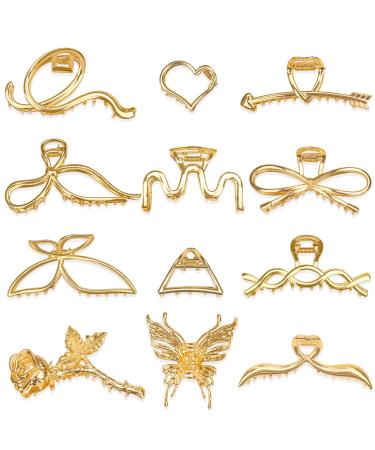 12 Pack Metal Large Hair Claw Clips - 12 Style Non-Slip Gold Hair Clips Suit Thick Thin Fine Long Hair Big Butterfly Heart Hollow Out Jaw Clamp Fashion Styling Hair Accessories for Women and Girls