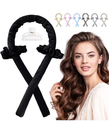 Heatless Curling Rod Headband - Heatless Hair Curler No Heat Curl Ribbon Heatless Curlers to Sleep in Overnight Hair Roller for Long Hair with Scrunchies Hair Clips Styling Tools(Black) A-Black