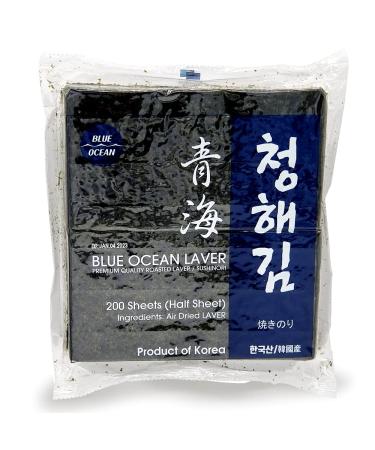 Blue Ocean Sushi Nori Seaweed Half Cut Size 200 Sheets 250Gram Organic Yaki Roasted Rolls Wraps 100% Natural Laver Fresh Premium Thick Quality (200) 200 Count (Half Cut)