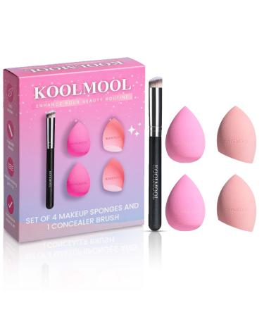 KOOLMOOL Makeup Sponge & Concealer Brush Set 4 High-definition makeup sponges for foundation 1 concealer brush - Latex-Free sponges for foundation Concealer Brush for Concealing Blending Buffing.