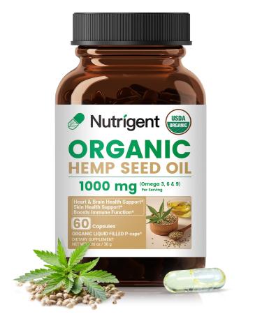 Nutrigent USDA Organic Hemp Seed Oil 1000 mg Cold Pressed & 100% Pure Plant-Based Omega 3-6-9 for Heart Joint Relaxation & Emotional Wellness 60 Capsules
