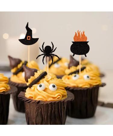 Halloween Cupcake Toppers Black Glitter Bat Spider Pumpkin Design Halloween Cupcake Picks Food Fruit Dessert Cocktail Picks Cake Decorations Holiday Party Supplies (36pcs) - Buy Online on GoSupps.com
