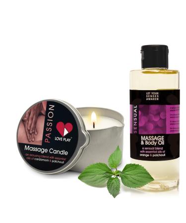 LOVE PLAY Set of Massage Oil for Sore Muscles and Massage Oil Candle for Pure Relaxation - Vegan Massage and Body Oils for Massage Therapy with Essential Oils 6.76 oz Each...