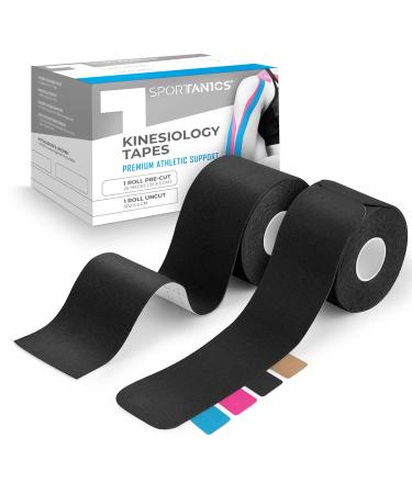 Sportanics Kinesiology Tape-Kinesiotapes 1x Endless 500x5cm & 1x Pre-cut 25 pieces (20x5cm) extra elastic & waterproof sports tape physio tapes for the muscles black 2 rolls