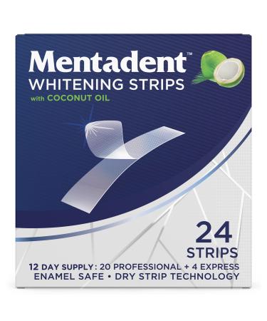 Mentadent Teeth Whitening Strips - 24 Strips (12 Day Treatment) with Coconut Oil for Sensitive Teeth & Gum, Enamel Safe, Non-slip Technology, Teeth Whitening for Stains of Coffee, Smoking, No Parabens