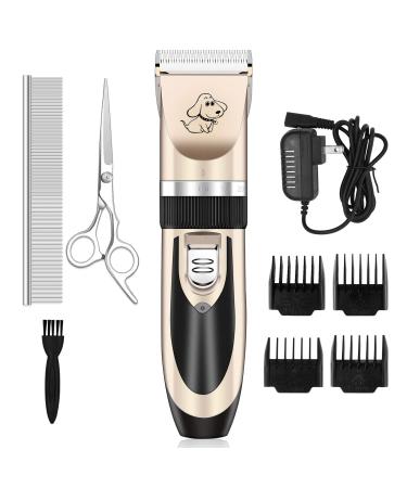 Maxshop Dog Grooming Kit, Low Noise Rechargeable Dogs Shaver Clippers Electric Quiet Dog Hair Trimmer for Dogs and Cats with Comb Guides Scissors Nail Kits (Gold-1) 1_gold