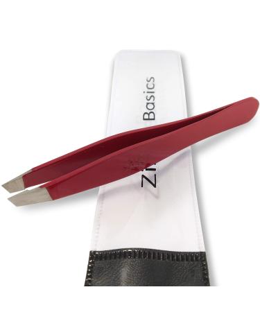 Tweezers Surgical Grade Stainless Steel - Slant Tip for Expert Eyebrow Shaping and Facial Hair Removal with Protective Pouch - Tool for Men and Women (Ruby Red)