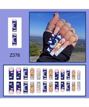 Shop Blue French Tip Press on Nails - Extra Long Coffin Ballerina Design | 24pcs Full Cover Artificial Nails with Sun Moon Clouds - Perfect for Women - Buy Online on GoSupps.com