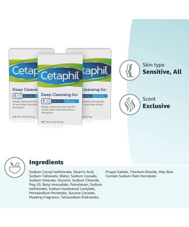 Cetaphil Deep Cleansing Face and Body Bar - Pack of 3 | For Dry to Normal Sensitive Skin | Soap Free, Hypoallergenic, Paraben Free | Removes Makeup, Dirt, and Oil 4.5 oz - Buy Online on GoSupps.com