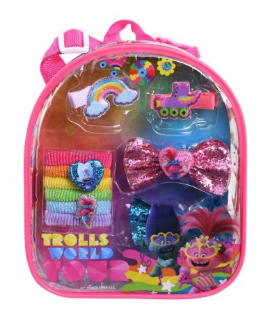 Trolls 2 Hair Accessory Backpack Set Princess Poppy Hair Styling Kit in Clear Bag with Elastic Hair Ties Sparkling Bow Ties & Snap Clips Troll Hair Accessories Gift Set Charm Goodies for Girls