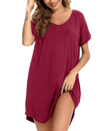 Aseniza Women's Nightdresses Nightshirt Nightgown Nightwear Loungewear V Neck Casual Loose Short Sleeve Oversized Sleepwear Style A-red M