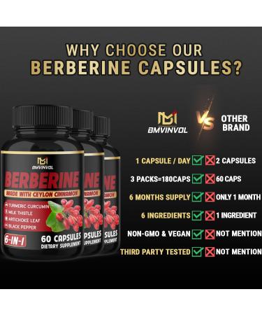 (3 Packs) Berberine Supplement Plus Ceylon Cinnamon Milk Thistle Turmeric Artichoke Leaf Black Peppe - 6 Month Supply - 180 Capsules Total - Buy Online on GoSupps.com