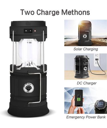 2 Pack Solar LED Camping Lanterns - Collapsible Rechargeable Flashlights for Emergency, Hurricane, Power Outages - Portable Survival Light for Hiking, Fishing - Black - Buy Online on GoSupps.com