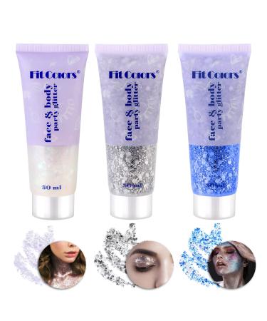 Bowen body glitter gel make -up carnival glitter face glitter gel glitter for face hair lips nails make up cosmetics festival party long -lasting sparkling 3 bottle 3 colors