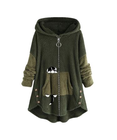 Hanxiulin fleece plush jacket fluffy warm zipper wool jacket ladies hoodie hooded sweater long arm winter coat jacket oversized warm outdoor hooded tops with hooded plush jacket l green
