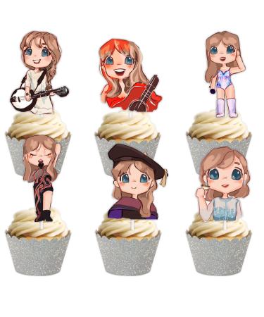 18pcs Glitter Cartoon Guitar Girls Dessert Cupcake Topper Cheer to Worldwide Popular Female Singer Concert Theme Decor Pick for Fan Men Women Happy Birthday Party Decorations Supplies