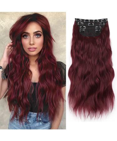 QGZ Clip in Long Wavy Hair Extensions Synthetic 4PCS Thick Hairpieces for Women 20 Inch Long Fiber Hair Extension for Daily Party Use (Burgundy) 20 Inch Burgundy