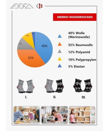 ESSA Merino Wool Hiking Socks - 2 Pairs - Breathable Trekking Socks for Men & Women - Sizes 35-38 - Black - Buy Online on GoSupps.com