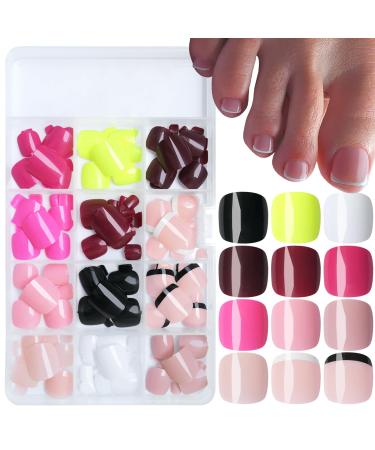 LoveOurHome 288pc Press on Toenails Kit Short Square Fake Toenails Press on Toe Nails Tips Acrylic Toe Press on Toenail French Tips Glue on Toenail Women Artificial False Toe Pedicure & Adhesive Tabs