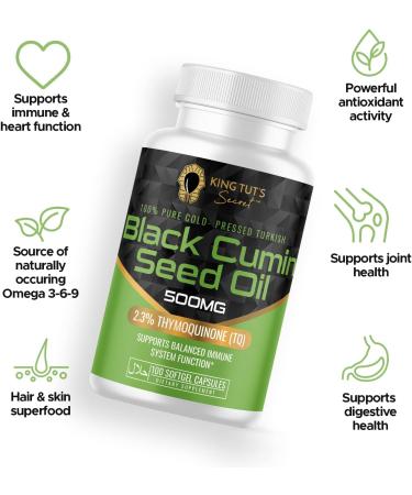 KING TUT'S SECRET Black Seed Capsules - 500 mg 100 Softgels - Nigella Sativa Extract Black Cumin Supplement for Hair Antioxidant Support Immune System - Halal Black Seed Cumin Oil Capsules - Buy Online on GoSupps.com