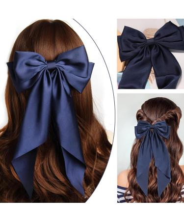 2 Pcs Big Hair bow Hair Bows for Women Bow Hair Clip Elegant Solid Color French Barrette Bows For Hair With Long Silky Satin Hair Barrettes Accessories Bow Hair Clips for Women Girls(Green+Navy) - Buy Online on GoSupps.com
