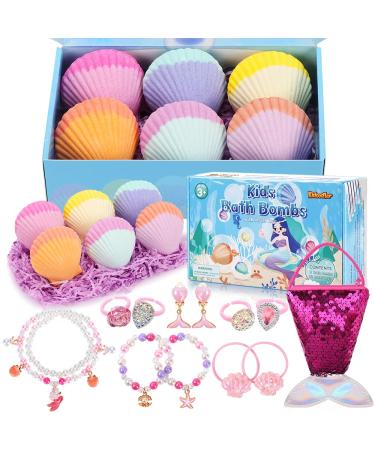 2022 Bath Bombs for Kids with Surprise Inside, 6 PCS Oversized Handmade Mermaid Bath Bombs for Girls & Toddlers Aged 3-12, Jewelry Toys Gift for Birthday, Christmas