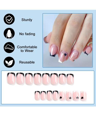 24 Pcs Valentine's Day Press On Nails - Short Black Love Heart Angular French Acrylic Nails for Women & Girls - Buy Online on GoSupps.com