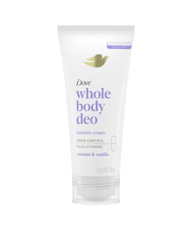 Dove Whole Body Deo Aluminum Free Invisible Cream Deodorant Coconut & Vanilla for 72h Odor Control 2.5 oz
