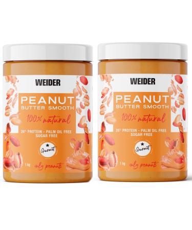 Weider Duo-Pack Peanut Butter Smooth.100% peanuts.100% natural.100% vegan.100% tasty.Natural protein source.26% protein.Without additives.Without palm oil.No added sugar.Creamy texture.1kg 1 kg (2 pack) creamy