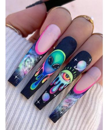 verysparkling 24pcs Eyes Coffin Fake Nail Eyes Alien Moon Press on Nails Eyes Alien Moon Coffin Nails Luxurious Nails Acrylic Nails Fake Nails For Women Girls