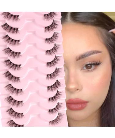 Glowingwin Half Lashes with clear band Fake Lashes Cat Eye Lashes Natural Look False Eyelashes 10 Pairs Corner Lashes 3/4 Lashes Handmade Transparent Strip Lashes Reusable Mink Fluffy Lashes Clear Band Half Lashes-09