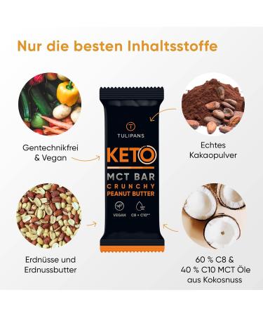 Tulipans Peanut Butter MCT Keto Bar - 12 x 50g | Sugar-Free Low Carb Protein Snack for Ketogenic Diet | Delicious Crunchy Peanut Butter Bar - Buy Online on GoSupps.com