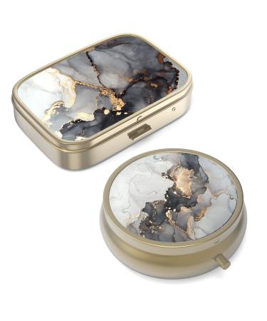 Pill can box with mirror retro Small pill box for wallet or bag bronze pillendose or vitamins fish oil dietary supplements pills contain travel gift (2 pieces) 2 Piece 2PC-Black Gold Marble