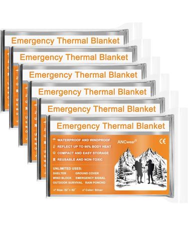ANCwear Emergency Blankets, 12 Pack, 6 Pack, Foil Mylar Thermal Blankets Space Blanket 52"x82" for Outdoors,Hiking,Survival,or First Aid 6 Pack Silver