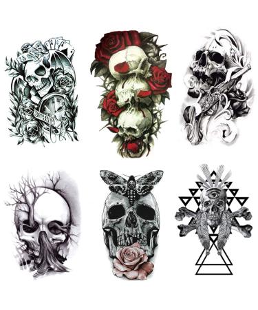 Yesallwas Skull Temporary Tattoo for Men Teens Guys  boys 6 Sheets  Waterproof long lasting Fake Tattoos Stickers for Arms Shoulders Chest & Back- crown Gun Tree Tribal Feather Clock (A)