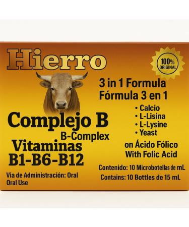 3en1 B Complex Complejo B 1000 Shot | Multi-Vitamins Calcium L-Lysine | Box with 10 Ampoules of 15ml | Energy Cognitive Function and Metabolic Health Boost.