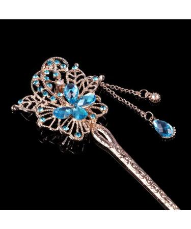 Uonlytech Flower Hair Stick Chinese Hair Chopsticks with Tassel Rhinestone Pearl Hair Pin Vintage Long Hair Decoration for Women Girls (Sky-Blue) Sky blue - Buy Online on GoSupps.com