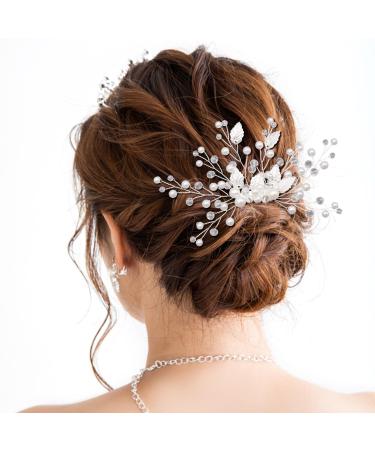 Bride Wedding Hair Comb Sparkly Rhinestone Pearl Bridal Hair Side Combs Slides Crystal Headpieces Bridal Leaf Hair Accessories for Women and Girls (Silver)