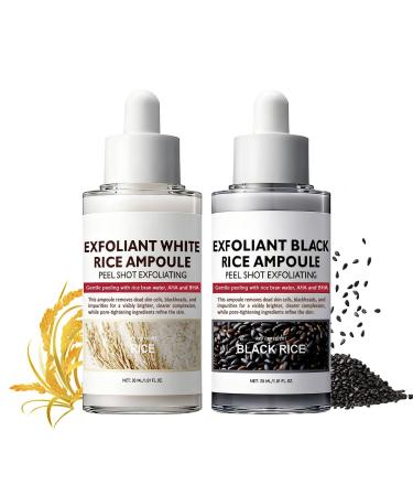 2PCS Rice Exfoliating Ampoule Set White & Black Rice Facial Exfoliating Serum Peel Shot Glow Rice Ampoule Duo Gentle Peel & Deep Hydration Facial Exfoliator Pore Refining Dead Skin Cells Remover