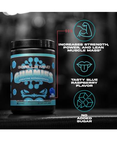Gorilla Mind Creatine Gummies - Third-Party HPLC Tested | 5g Creapure Creatine Monohydrate | Verified Potency & Purity | Strength Power Lean Muscle | No Added Sugar | Blue Raspberry Flavor - Buy Online on GoSupps.com