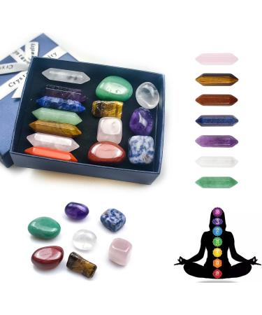 Chakra Stone Healing Crystals Set in Box Natural Reiki Healing Crystal Points Gemstone Wand Set for Meditation Crystal Therapy Anxiety Relief Balancing Yoga Crystals and Gemstones for beginner(14pcs)