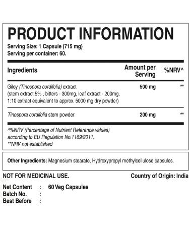 Pure Nutrition Giloy Supplement - 5200mg Equivalent Powder - Antioxidant & Immune Support - Non GMO - 60 Capsules - Buy Online on GoSupps.com