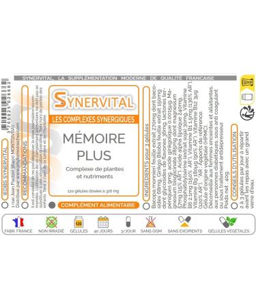 M moire Plus Synervital - 120 Capsules with a Strength of 326 mg - Plant Complex for Memory - Ginkgo Biloba - Bacopa - Magnesium - Vitamins B - Dietary Supplement - Made in France - Buy Online on GoSupps.com