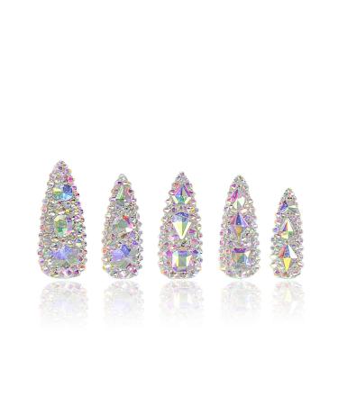 Press on Nails Eternal Stunning Rhinestone Round | Handmade with Full Covered Crystals | Reusable Fake Nails | Stiletto Regular 1.33in | H46-S