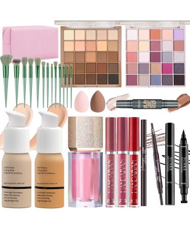 YBUETE Makeup Set Makeup Set for Women Full Kit Makeup Gift Set Foundation Eyeshadow Eyeliner Eyebrow Pencil Counter Highlighter Stick Blusher Lip Gloss Brush Set Sponges Makeup Bag Set B