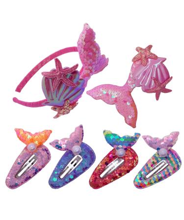 1pcs Mermaid hair clip Sequins Hair headband and 5pcs Hair Clips Hair Accessories for Women and Girls (Pink)